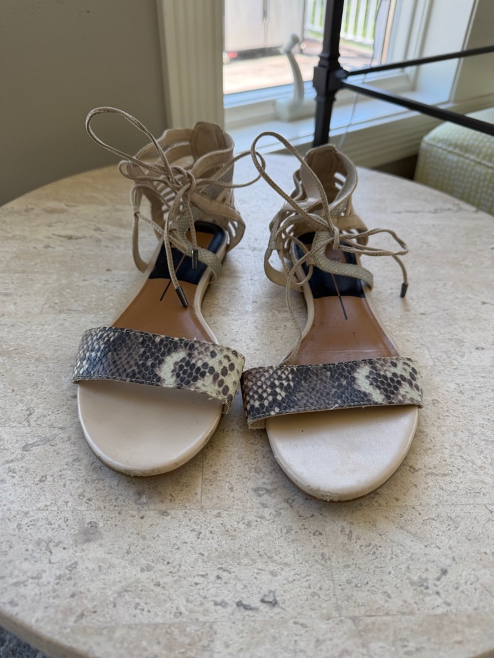 Dolce Vita Lace-Up Snake Print Ankle Wrap Sandals - Beige